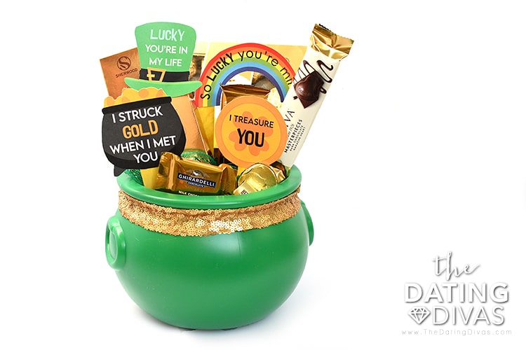 St, Patrick's Day gift basket that is for your spouse. It's a pot of gold gift with tags | The Dating Divas