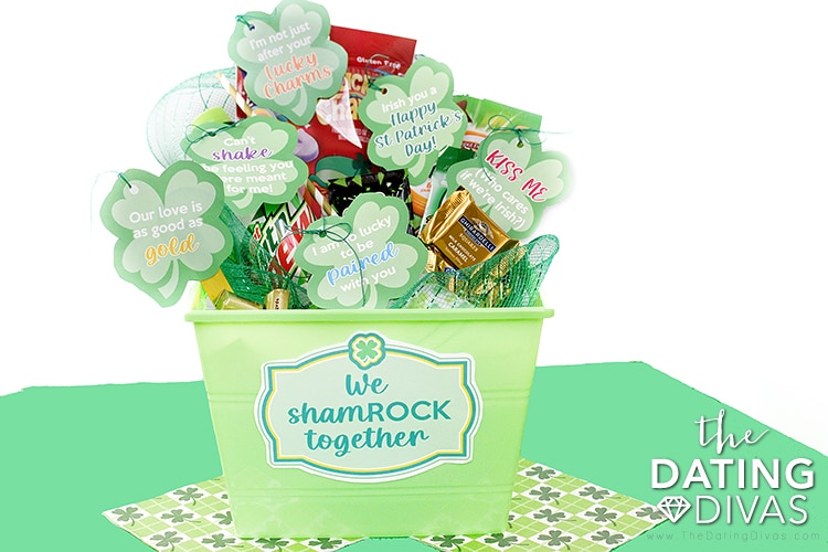 We ShamROCK together gift basket with tags and suggested items for St. Patrick's Day gift for spouse | The Dating Divas