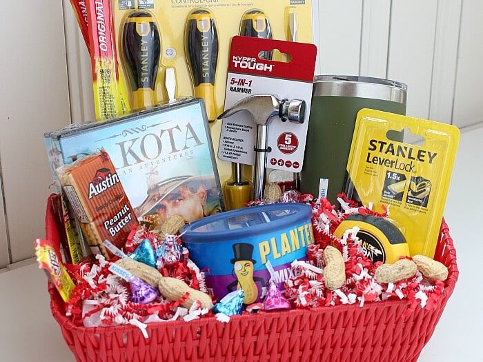 Screwdrivers, hammer, and measuring tape with treats for Easter basket for men | The Dating Divas
