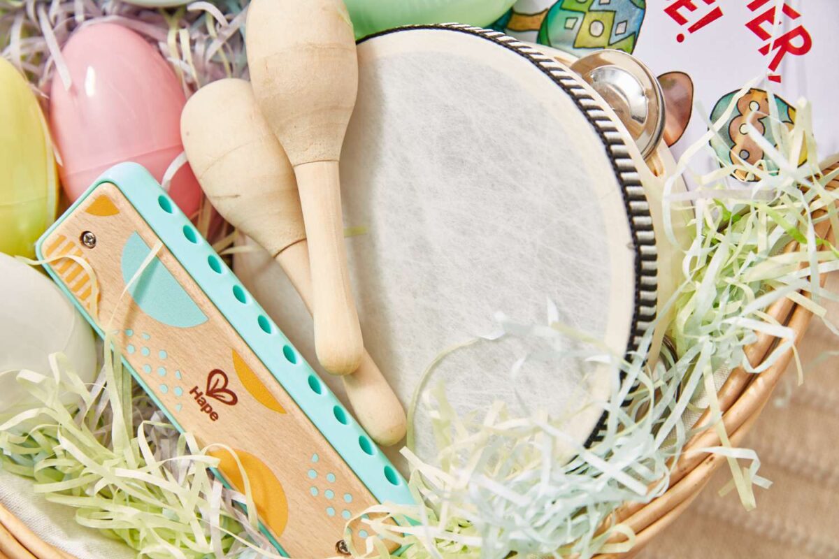 Toy instruments in a music-themed Easter basket | The Dating Divas