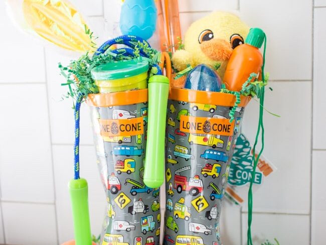 Rain boot Easter basket idea with stuffed animal, jump rope, and treats | The Dating Divas