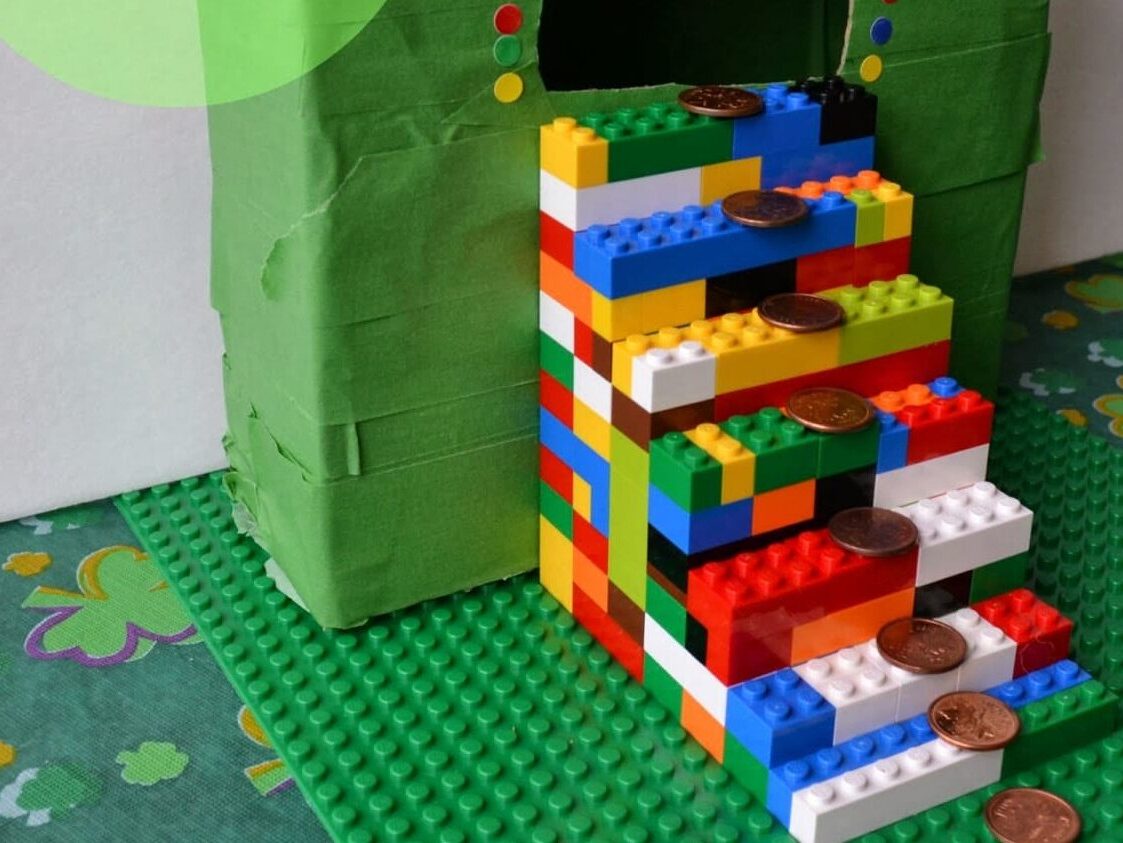 Rainbow leprechaun trap stairs made of Legos | The Dating Divas