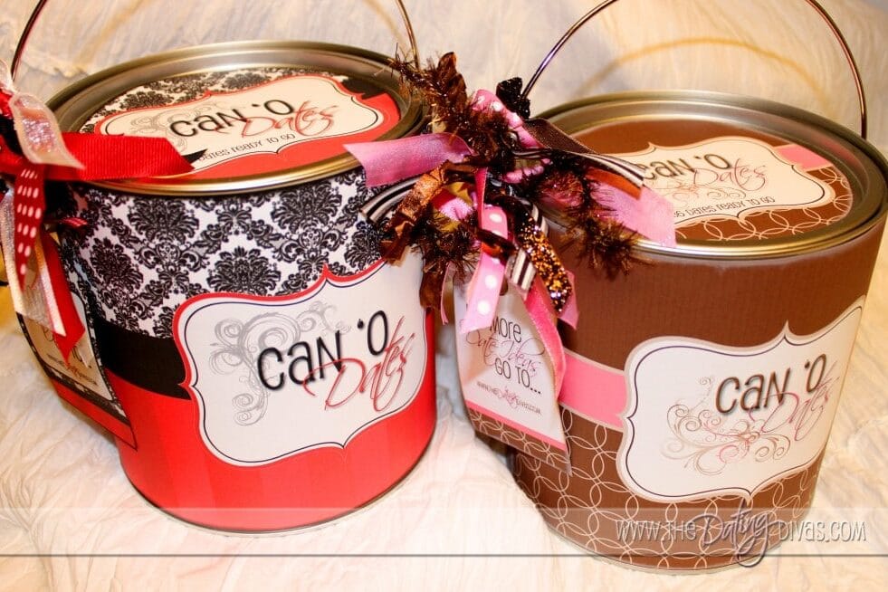 A couple of decorated paint buckets containing bridal shower gifts | The Dating Divas