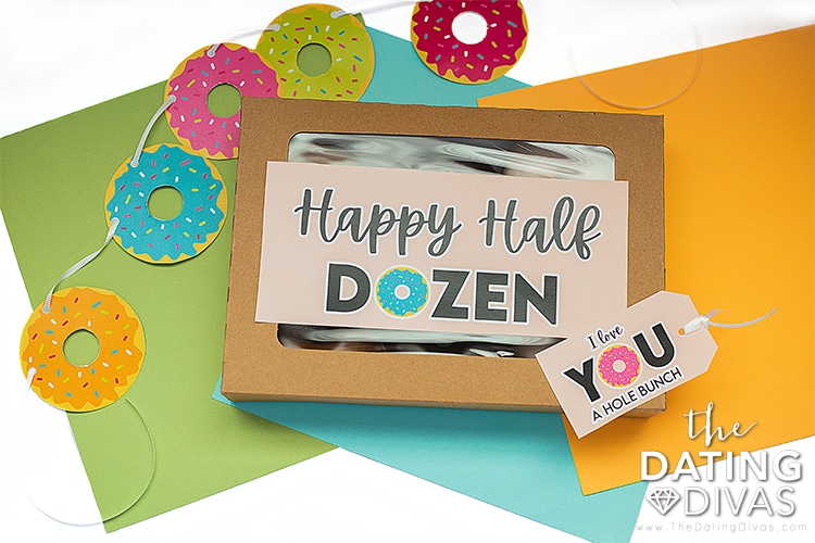 Donut box sign, gift tag, and garland for a 6 year anniversary | The Dating Divas