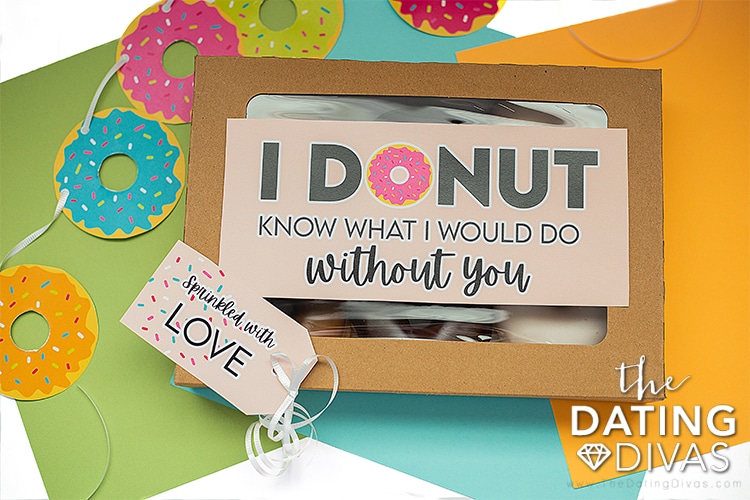 Donut box sign, gift tag, and garland for a 6 month anniversary gift idea | The Dating Divas