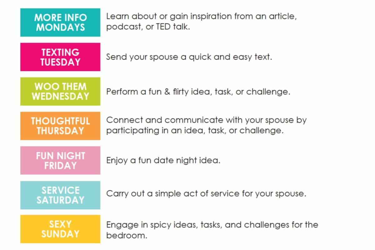 This calendar for couples has different themes for each day of the week. | The Dating Divas