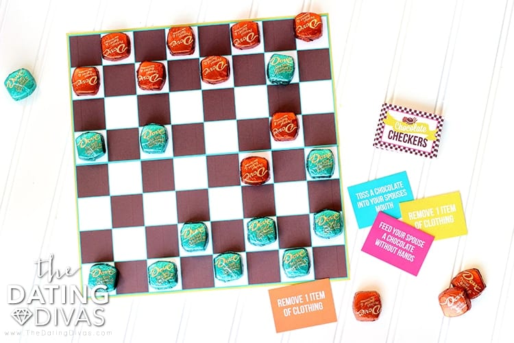 Free printables for a game of chocolate checkers with game board and prompt cards | The Dating Divas