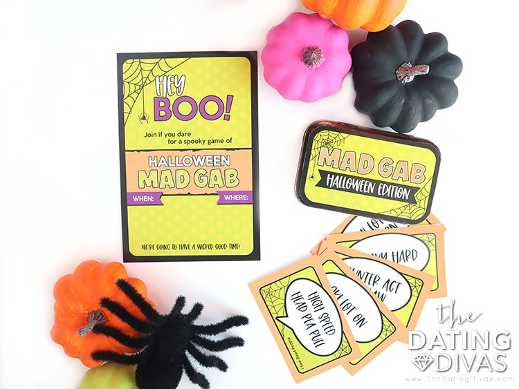 Free printable invitation, box cover, and game cards for a Halloween Mad Gab game | The Dating Divas