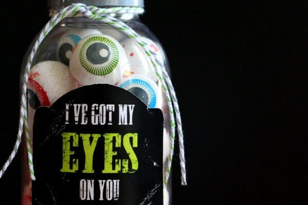 A Halloween gift jar filled with eyeball gumballs | The Dating Divas