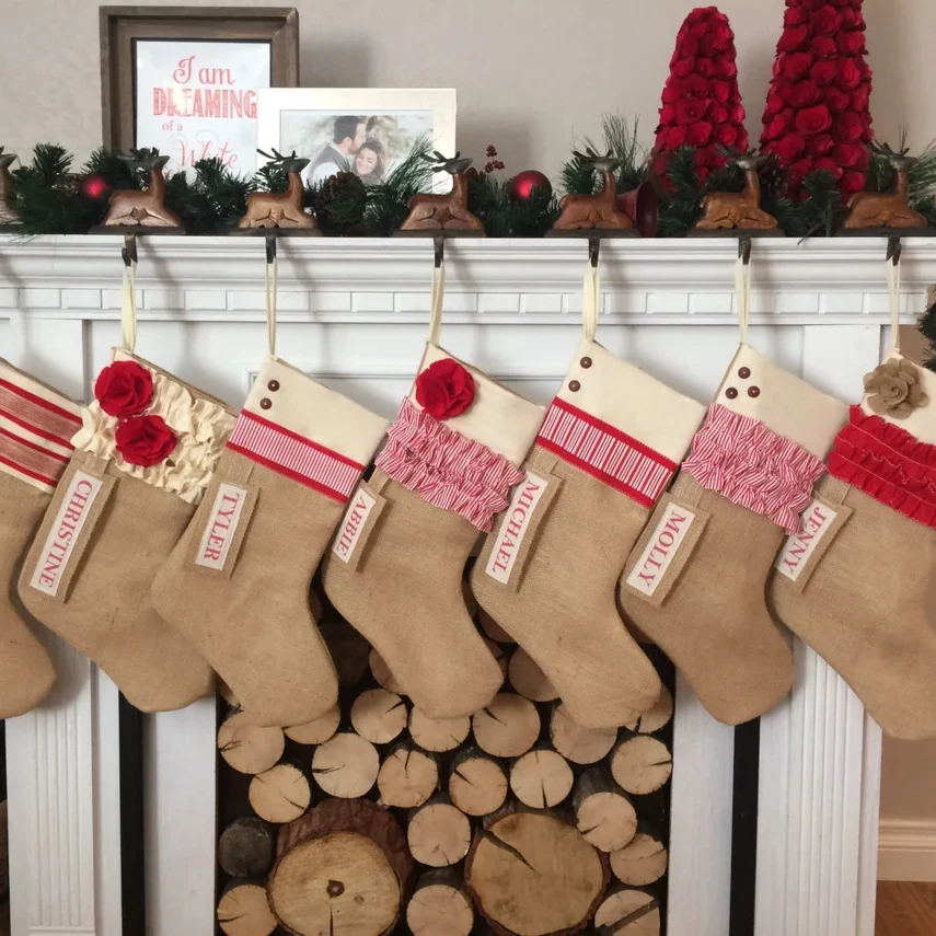 Red, white, and burlap make these custom Christmas stockings look so rustic and chic! | The Dating Divas 