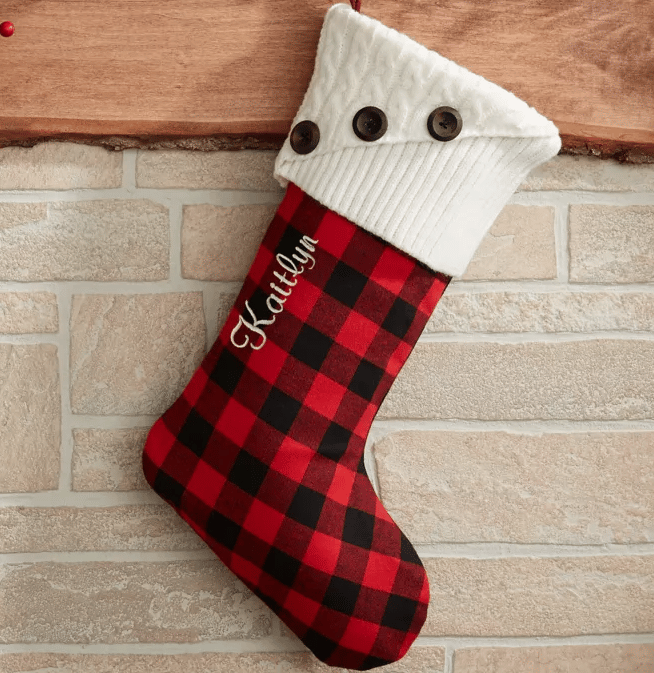 Get beautiful personalized Christmas stockings in a festive buffalo check pattern this holiday season! | The Dating Divas