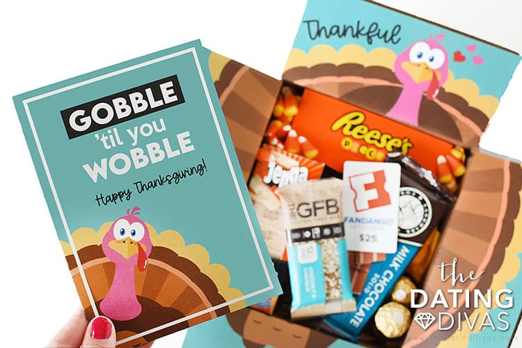 Free printables for a Thanksgiving card to use inside a Thanksgiving gift basket or care package | The Dating Divas