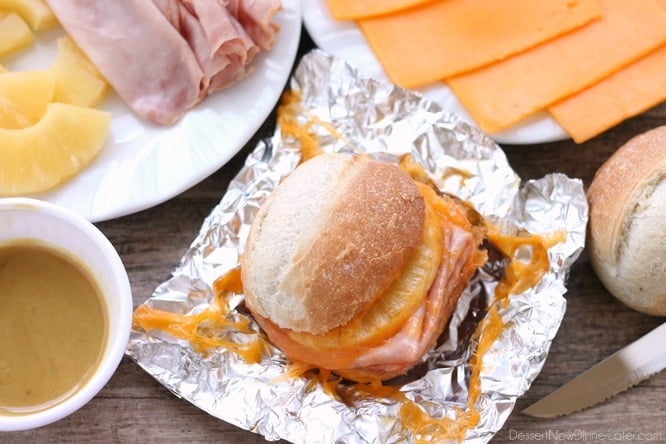 Need easy make-ahead camping meals? Try these hot ham and pineapple campfire sandwiches! | The Dating Divas