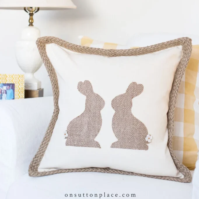 Make this adorable burlap bunny pillow for fun farmhouse-themed Easter decorations! | The Dating Divas