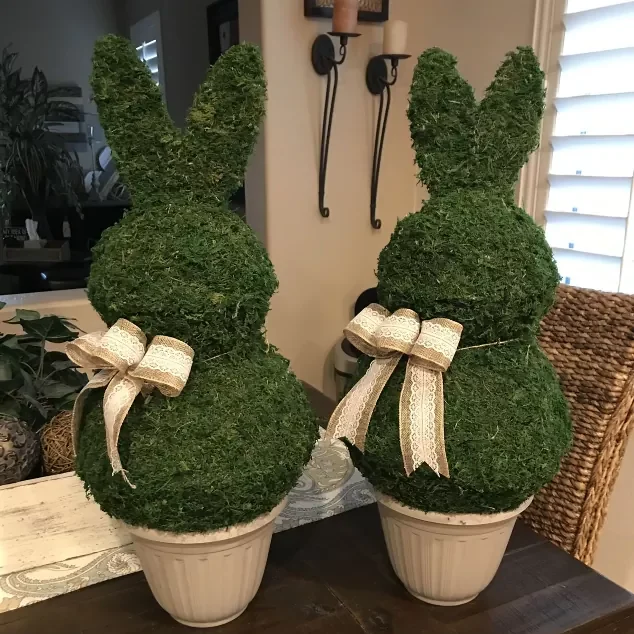 Looking for unique outdoor Easter decorations? Try making these mossy bunny topiaries! | The Dating Divas