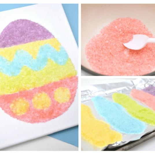 These salt and glitter Easter egg canvases make great Easter crafts! | The Dating Divas 