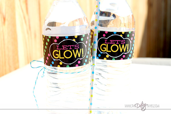 Glow in the dark party water bottle labels.