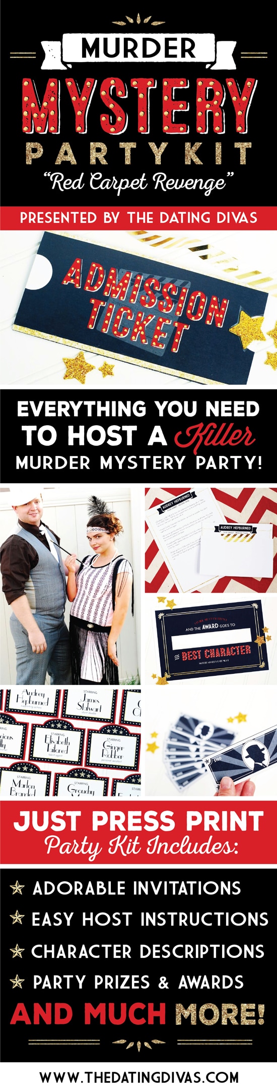 Seriously - the BEST Murder Mystery Party Kit I've ever used! Packed with TONS of Murdery Mystery Party ideas and darling designs, too! #murdermystery #murdermysterypartykit #howtohostamurderymysteryparty #thedatingdivas