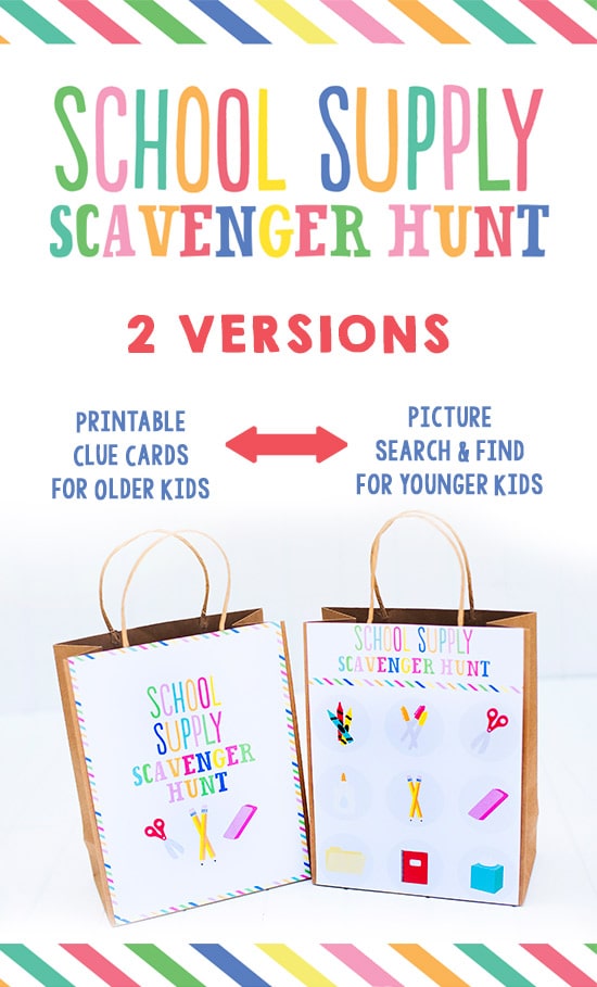 School Supply Scavenger Hunt- 2 versions! Printable clue cards for older kids AND a picture search and find for younger kids.