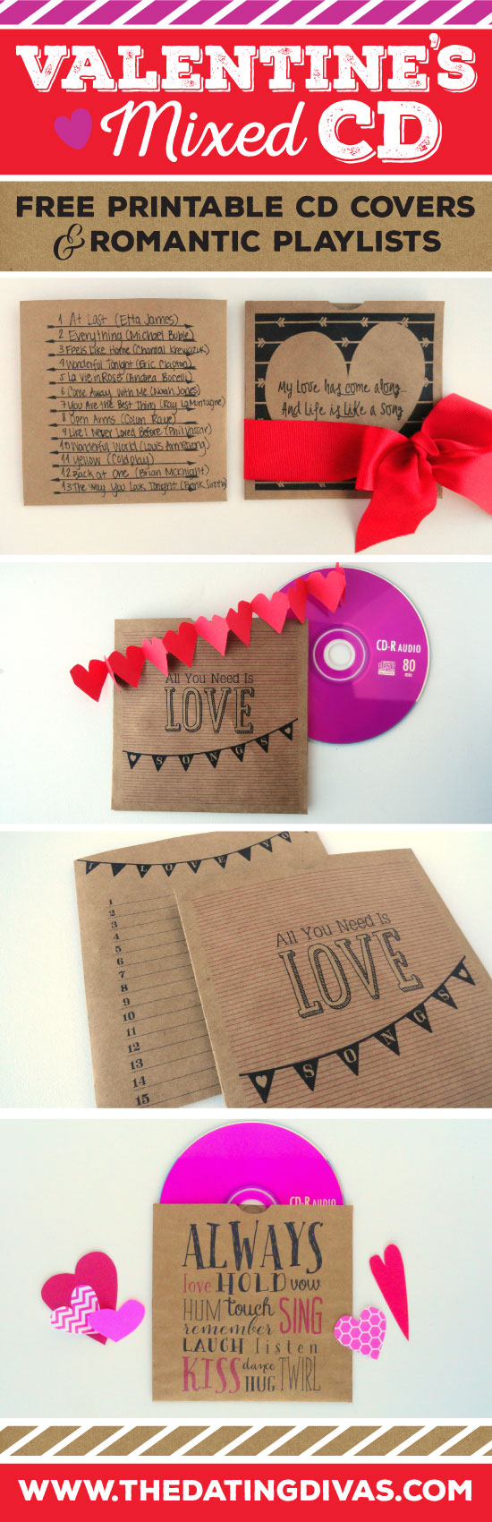 Valentines Day Mixed CD Printable Covers and Romantic Playlist www.TheDatingDivas.com